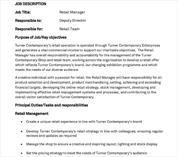 sample retail manager job description template