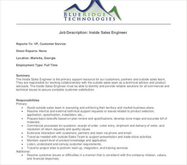 10+ Sales Engineer Job Description Templates PDF, DOC