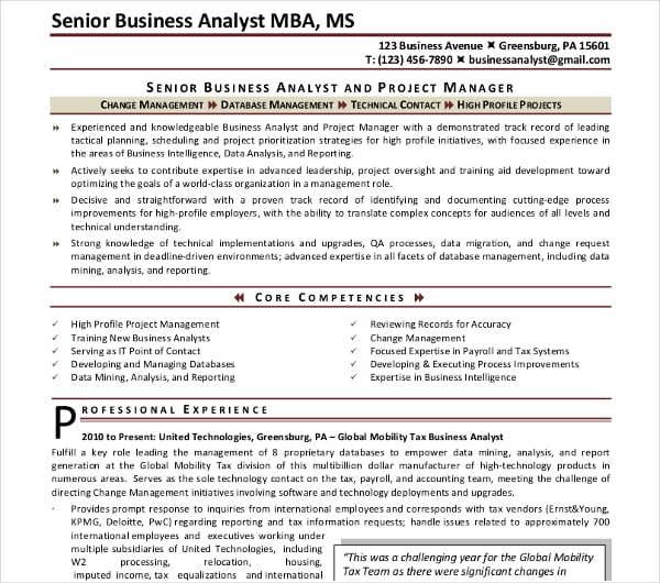 sample senior business analyst resume