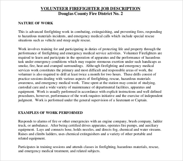 sample voluteer firefighter job description 