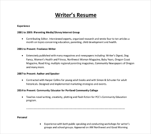 free resume template for writer