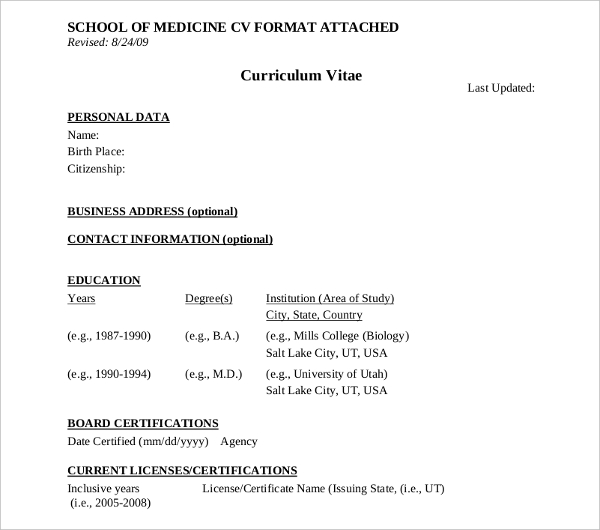 10+ Medical Curriculum Vitae Templates - Pdf, Doc