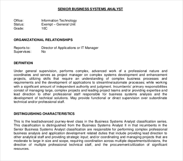senior business system analyst job description
