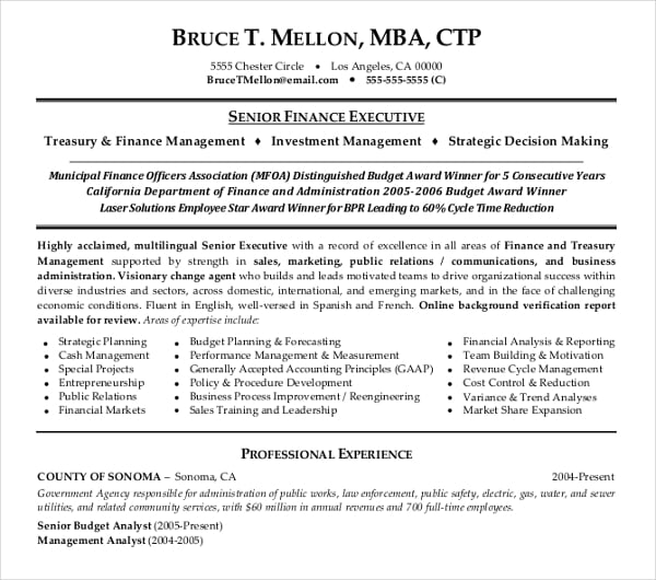 senior finanace executive resume
