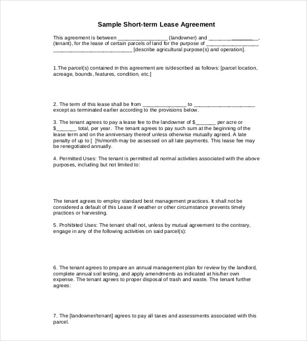 short lease agreement template