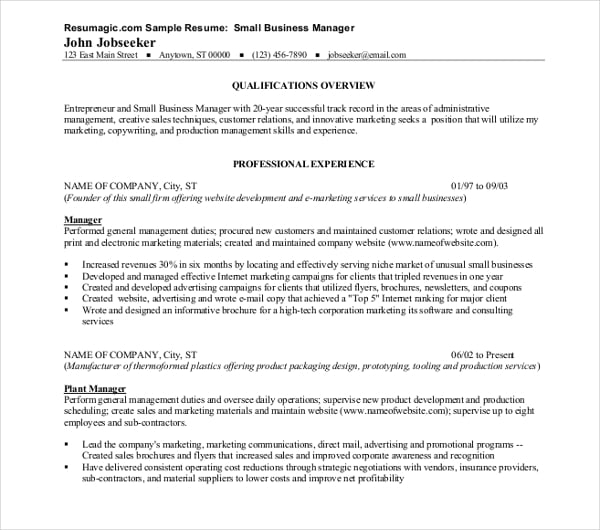 small business manager resume