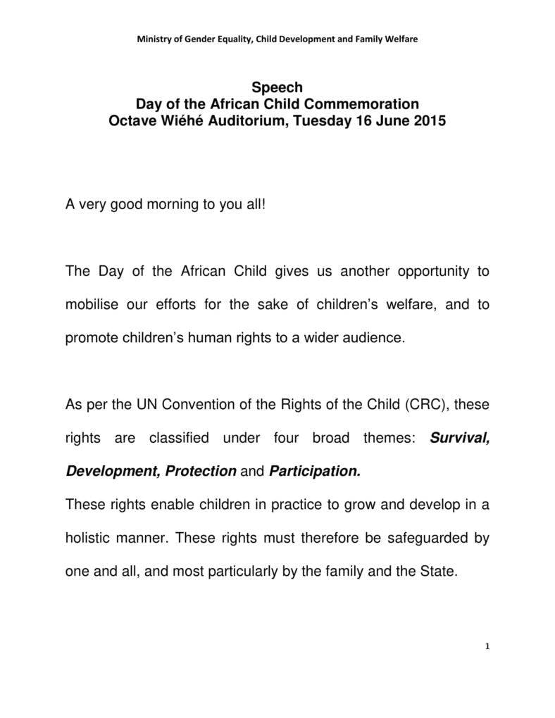 Speech for the Minister Day of African Child 16.6.157 1