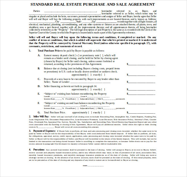 standard real estate purchase sale agreement