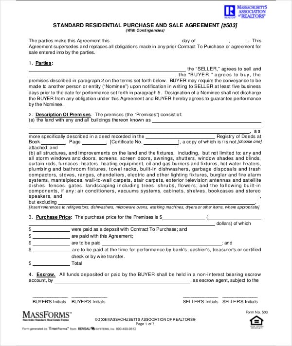 standard residential purchase sale agreement