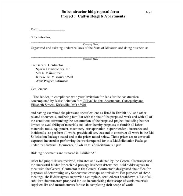 subcontractor bid proposal form