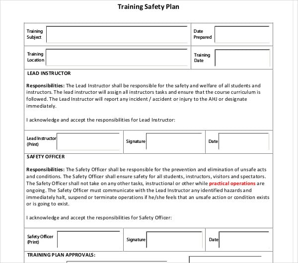 training safety plan example