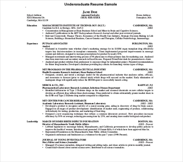 undergraduate resume sample