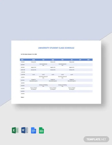 university student class schedule template
