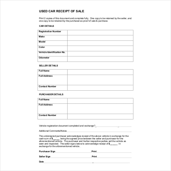 used car sales receipt template