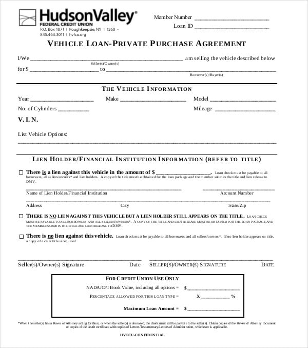 vehicle loan purchase agreement template