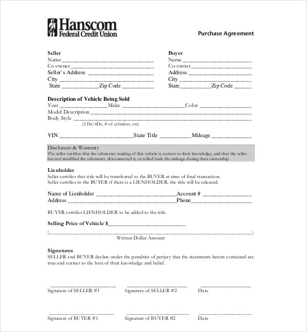6  Vehicle Purchase Agreement Templates PDF DOC