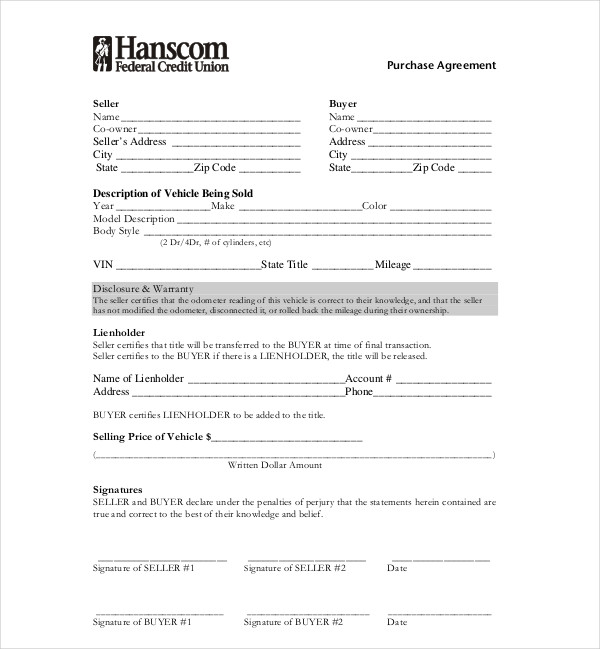 6 Vehicle Purchase Agreement Templates PDF DOC