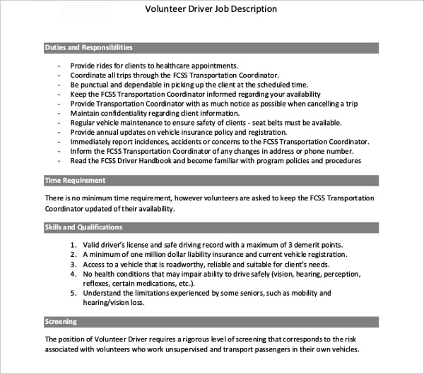 volunteer driver job description template