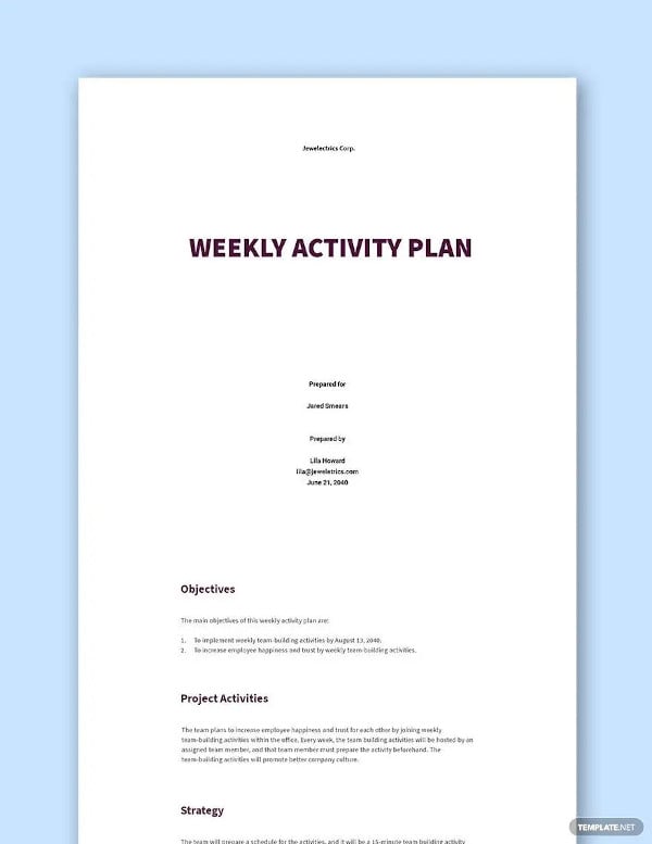 weekly activity plan template