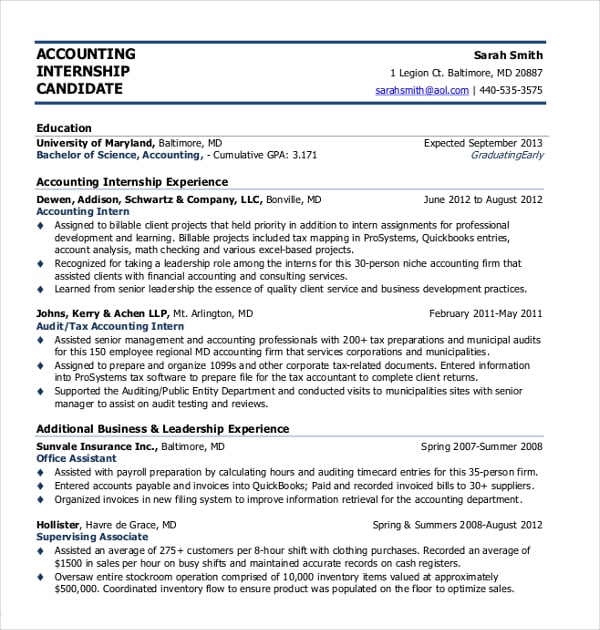 accounting internship resume