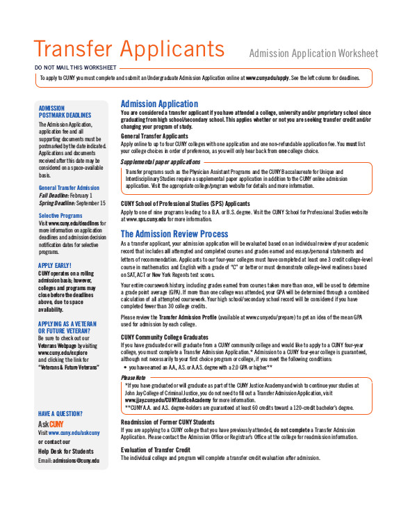 admission transfer application worksheet