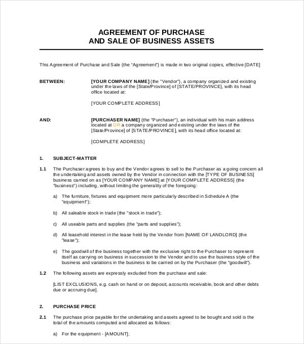 agreement of purchase and sale of business assets