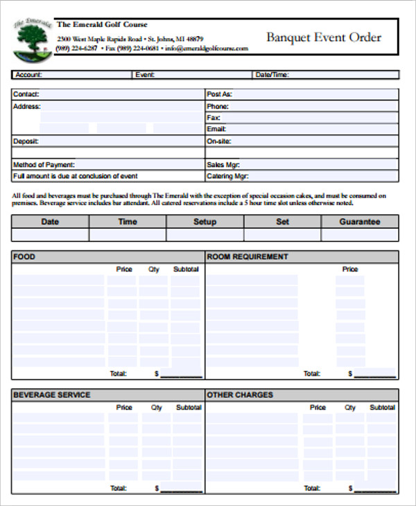 Banquet Order Form Template