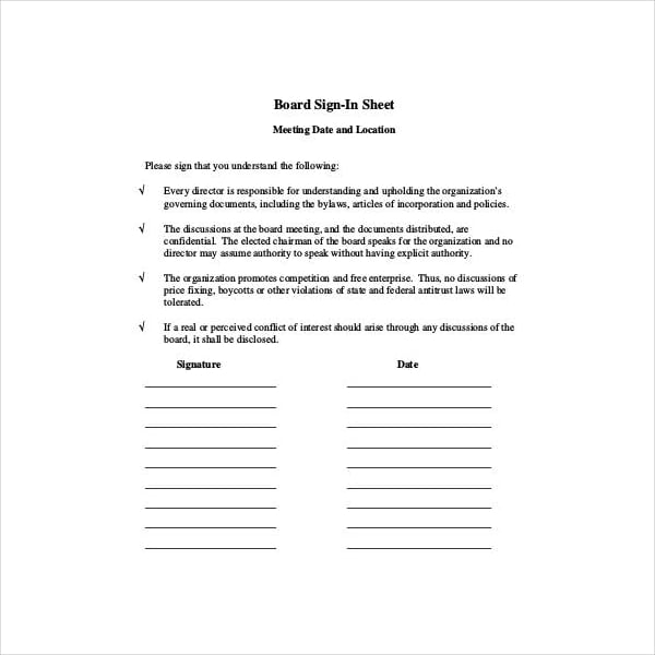 board meeting sign in sheet template