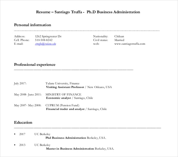 business administration resume example