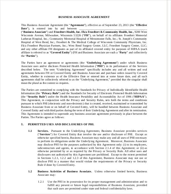 business associate agreement example