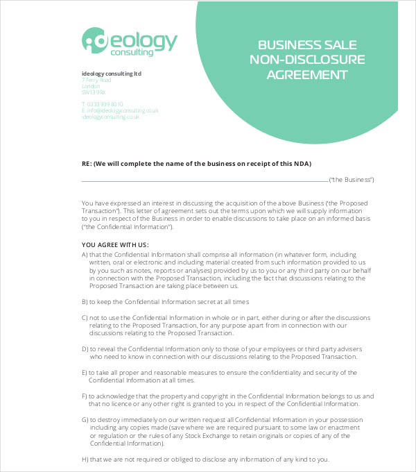 business sale non disclosure agreement