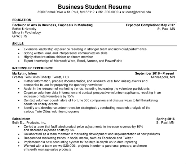 business student resume