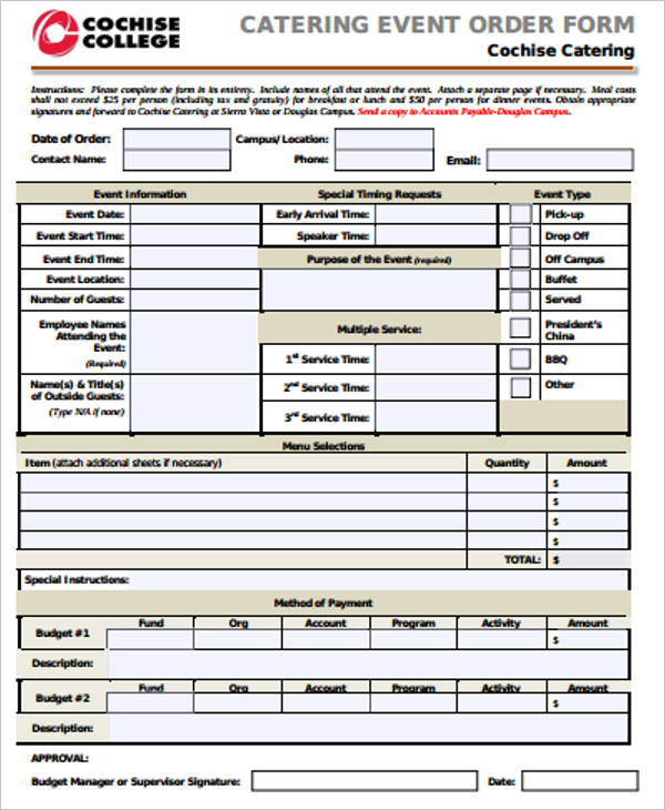 catering event order form