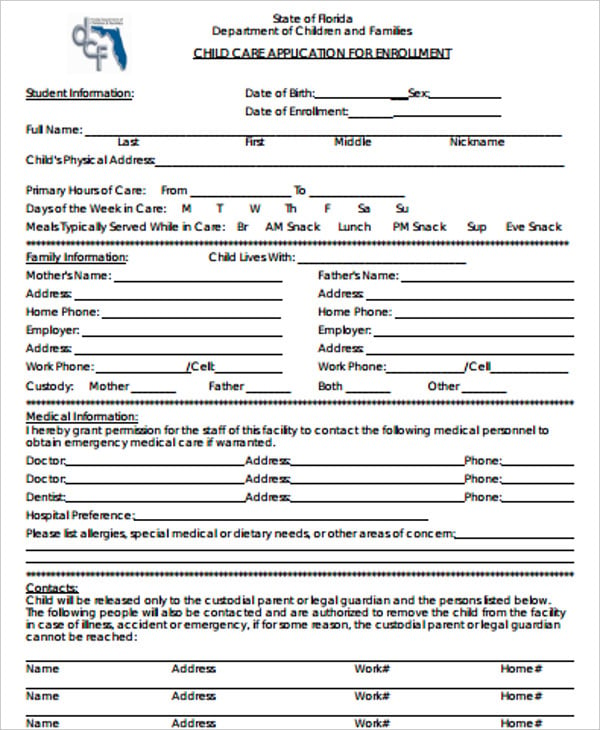 10  Daycare Application Forms PDF
