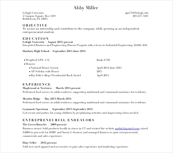 resume format for college placement