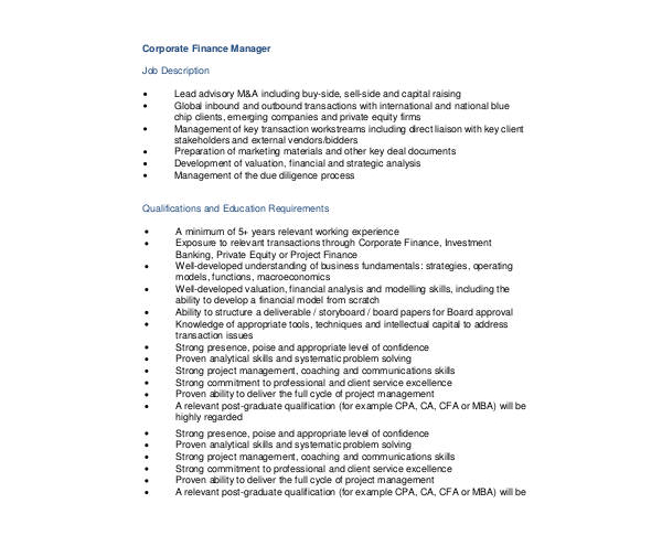 corporate finance manager job description