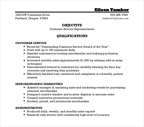 customer service representative resume