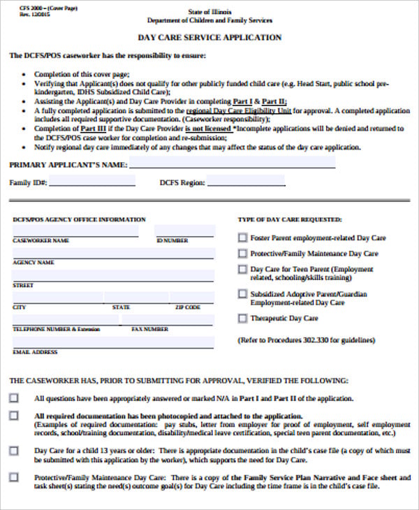daycare services application form