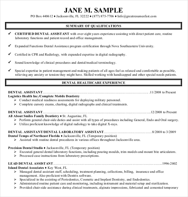 dental assistant resume template