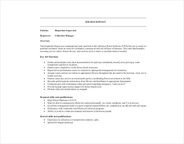 dispatch supervisor job description