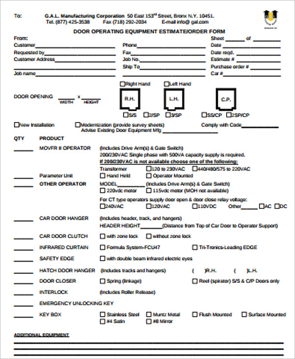 door operating equipment order form