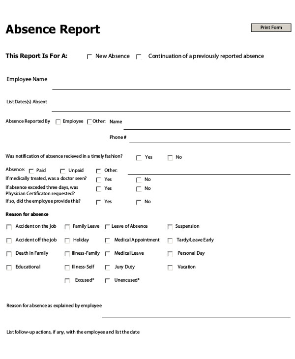 9 Absence Report Templates PDF Word