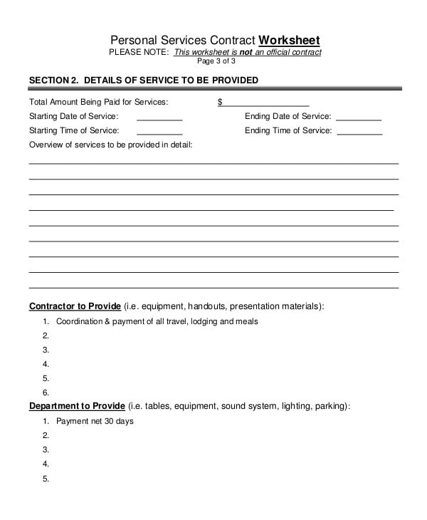 employment personal services contract worksheet