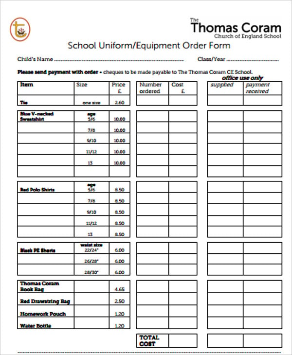 equipment order form example