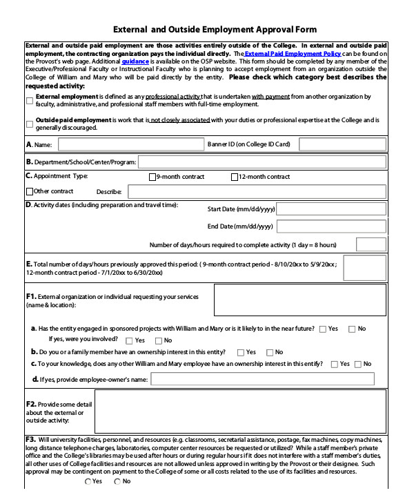 8+ Outside Employment Form Templates PDF