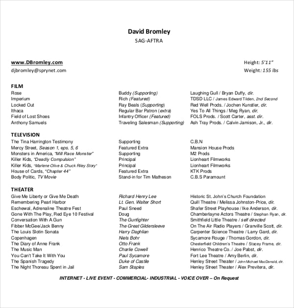 film resume template download