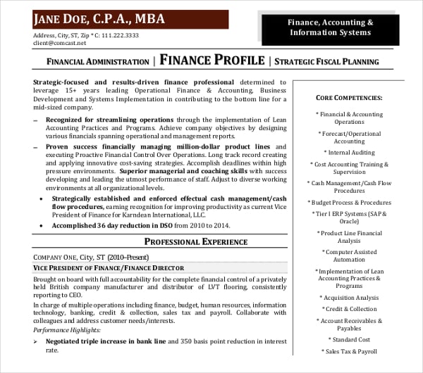 finance administration resume