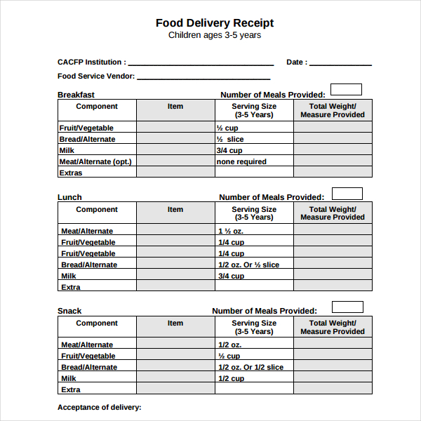 food delivery receipt sample