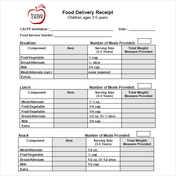 food delivery receipt template