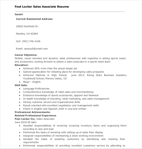 foot locker sales associate resume